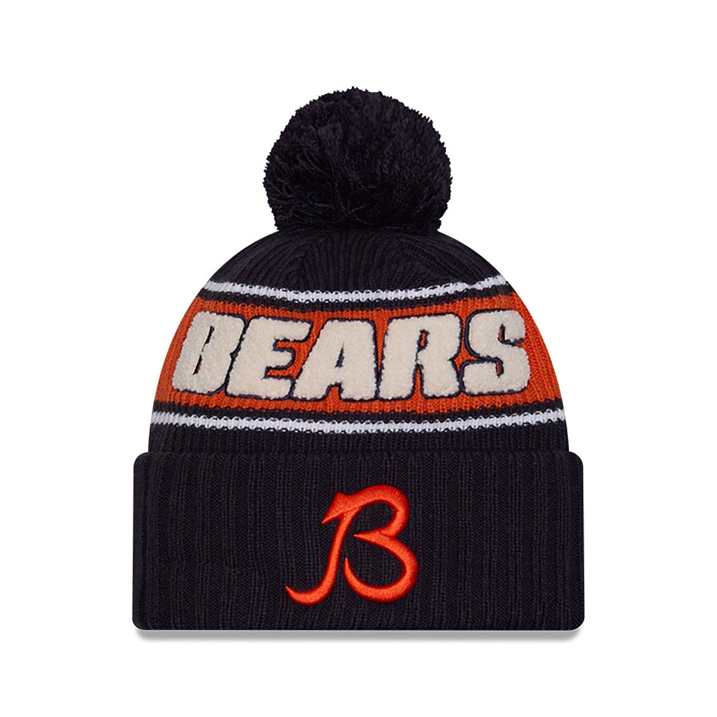 Chicago Bears New Era 2024 NFL Sideline Navy B Logo Cuffed Pom Knit Hat