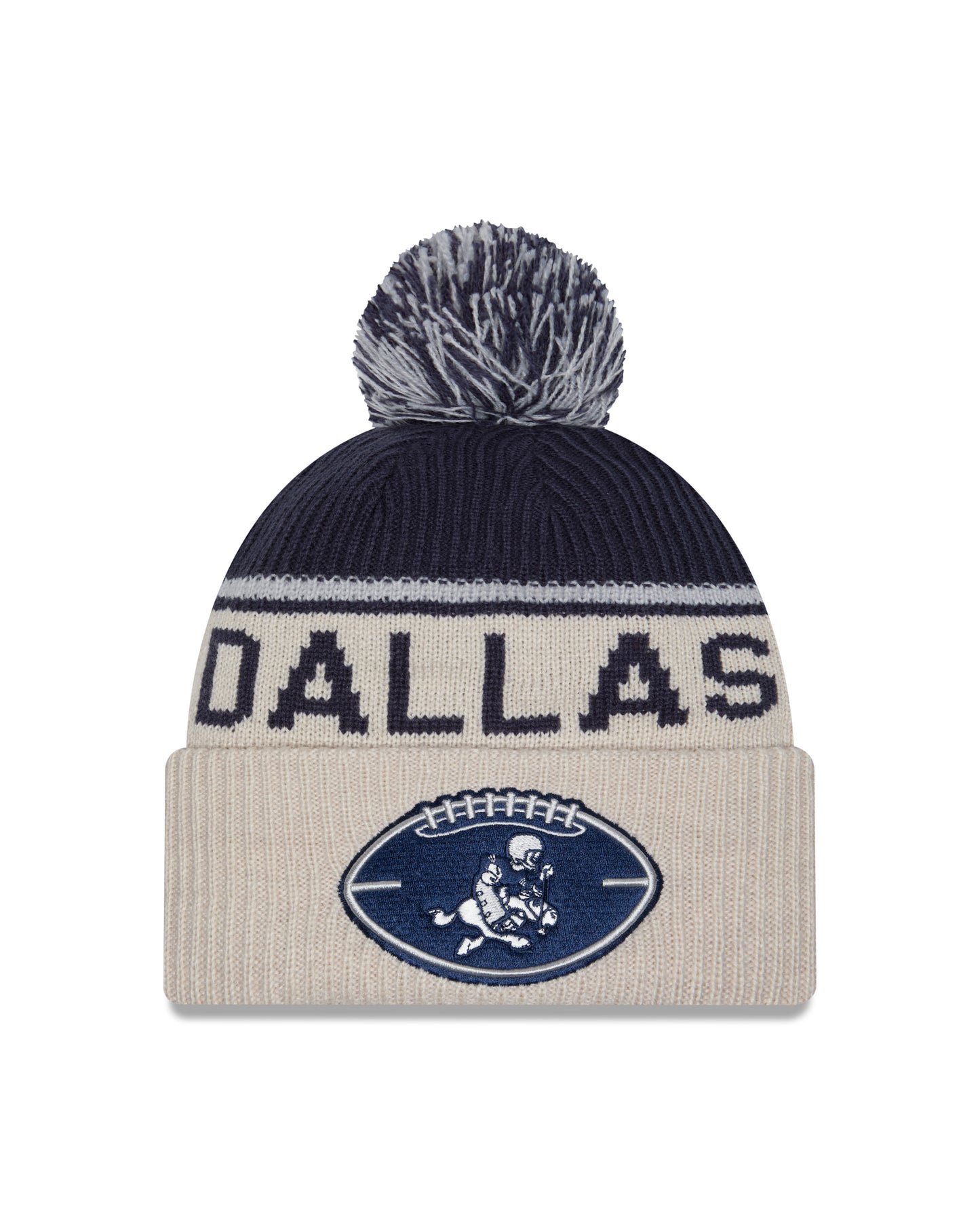 Dallas Cowboys New Era 2024 NFL Sideline Historic Stone/ Navy Cuffed Pom Knit Hat