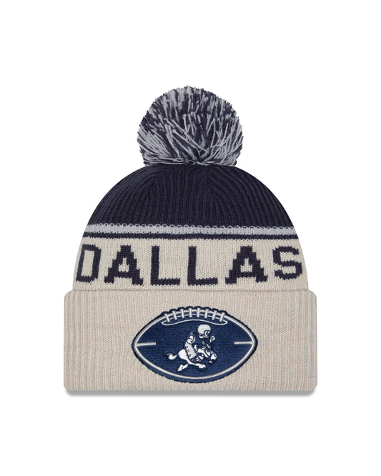 Dallas Cowboys New Era 2024 NFL Sideline Historic Stone/ Navy Cuffed Pom Knit Hat