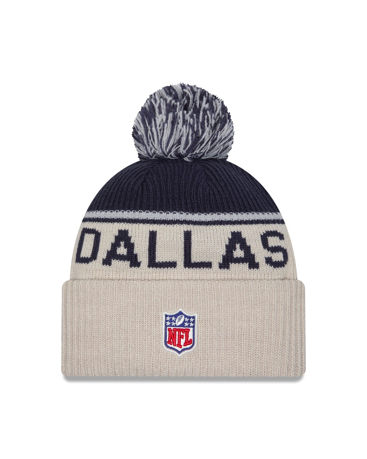 Dallas Cowboys New Era 2024 NFL Sideline Historic Stone/ Navy Cuffed Pom Knit Hat