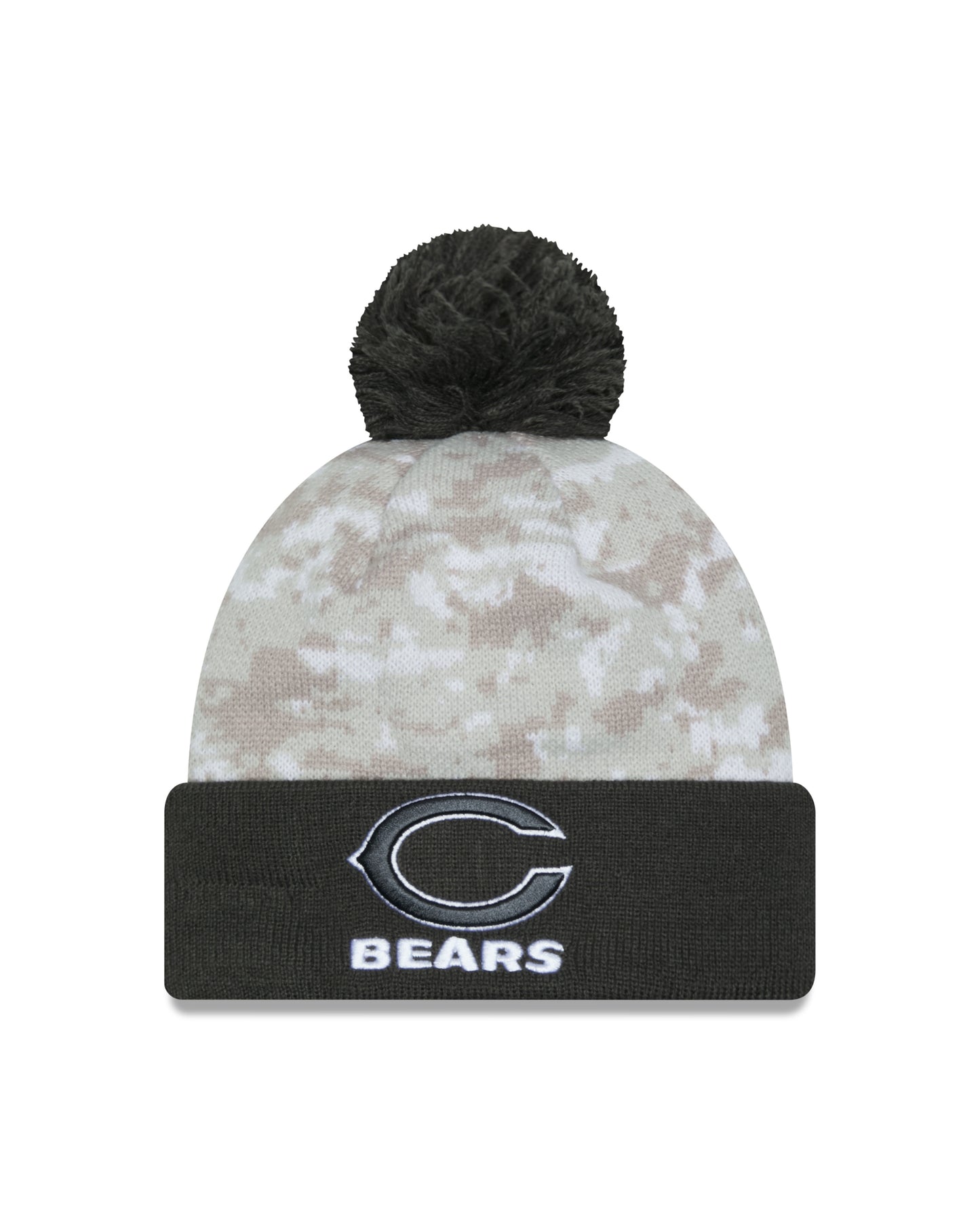 Chicago Bears New Era Arctic Camo/Gray 2024 NFL Sideline Secondary Logo Salute To Service Cuffed Pom Knit Hat