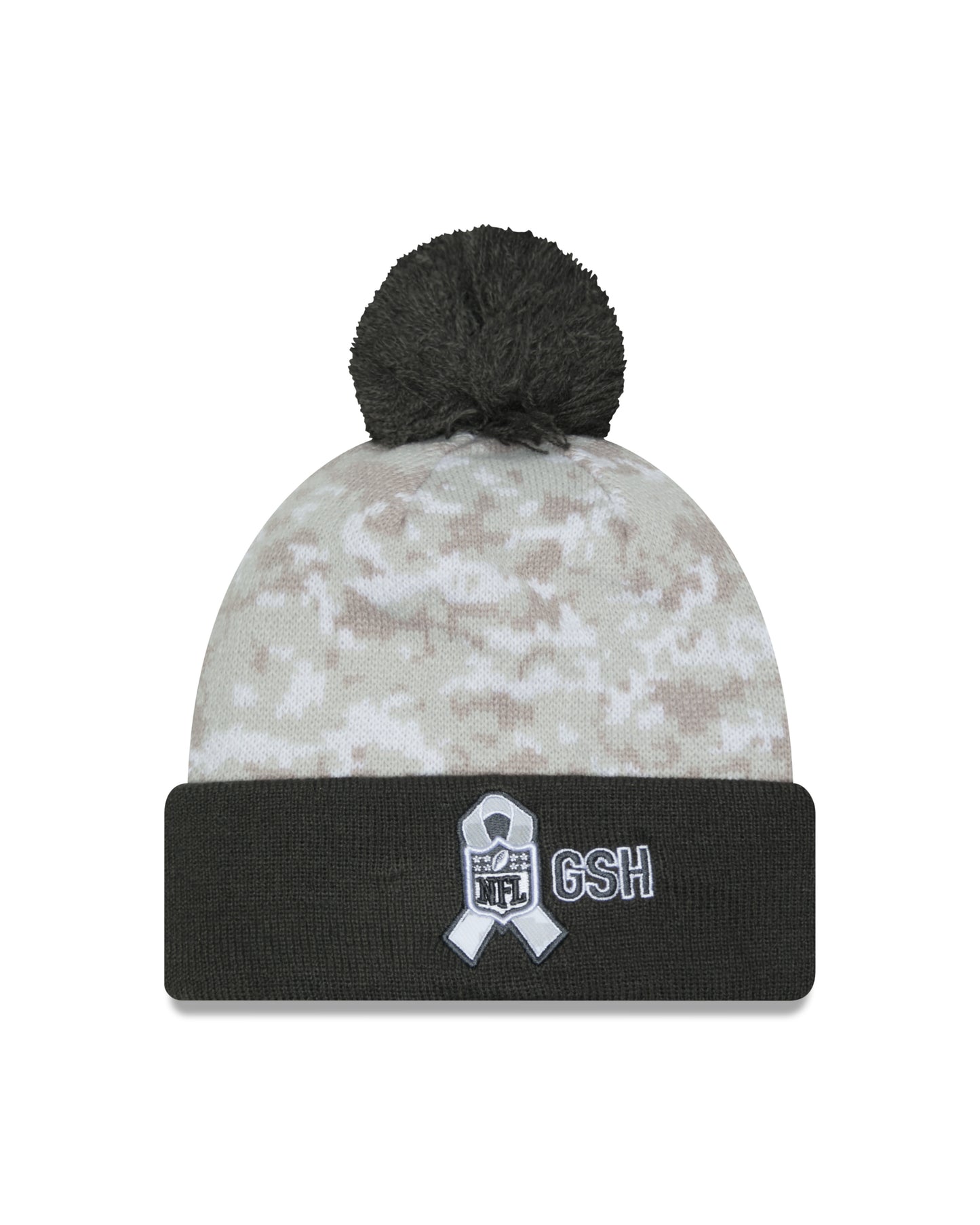 Chicago Bears New Era Arctic Camo/Gray 2024 NFL Sideline Secondary Logo Salute To Service Cuffed Pom Knit Hat