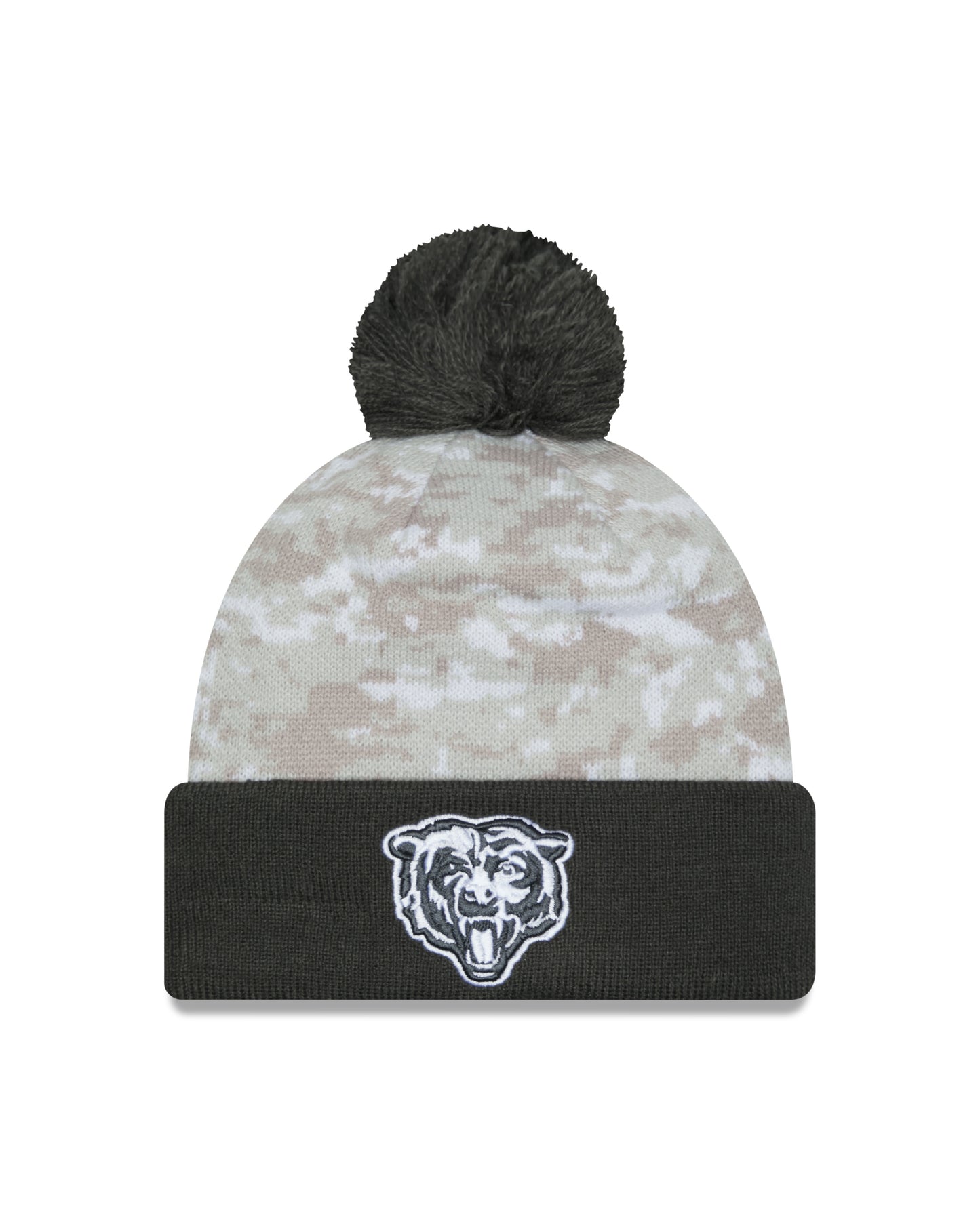 Chicago Bears New Era Arctic Camo/Gray 2024 NFL Sideline Primary Logo Salute To Service Cuffed Pom Knit Hat