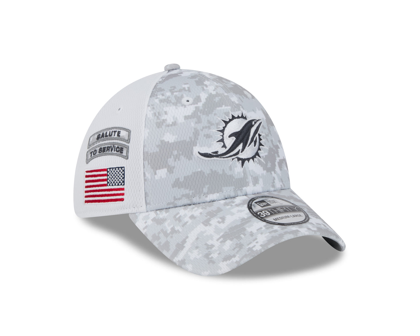 Miami Dolphins New Era Arctic Camo/White 2024 Salute to Service 39THIRTY Flex Hat