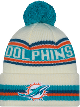 Miami Dolphins New Era Off White Knit Classic Cuffed Pom Knit - Pro Jersey Sports
