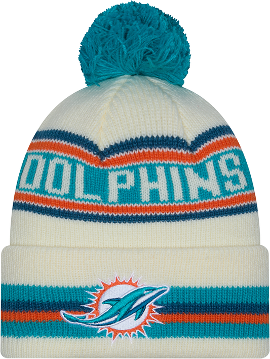 Miami Dolphins New Era Off White Knit Classic Cuffed Pom Knit - Pro Jersey Sports