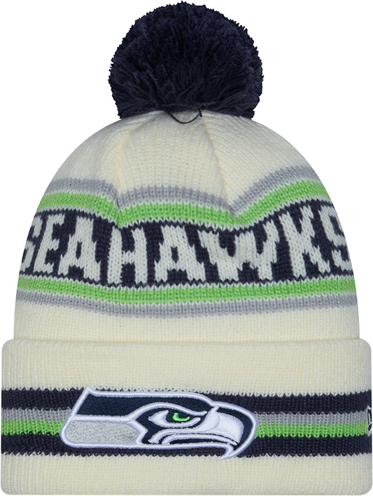 Seattle Seahawks New Era Off White Knit Classic Cuffed Pom Knit - Pro Jersey Sports