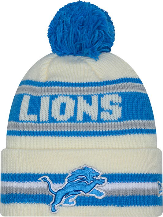Detroit Lions New Era Off White Knit Classic Cuffed Pom Knit - Pro Jersey Sports