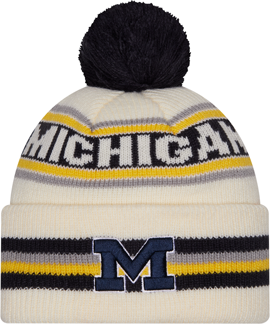 Michigan Wolverines New Era Knit Classic Cuffed Knit Hat with Pom -Cream - Pro Jersey Sports