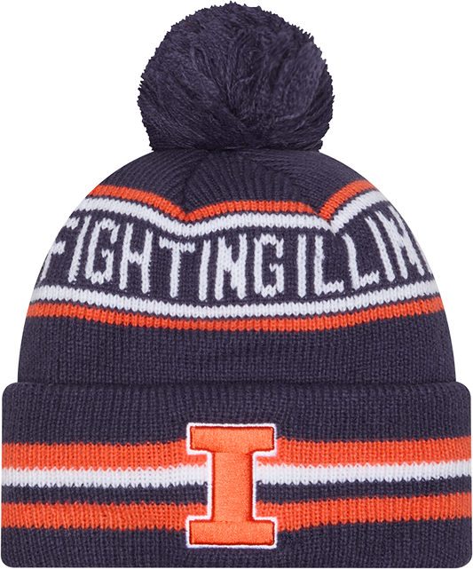 Illinois Fighting Ilinni New Era Knit Classic Cuffed Knit Hat with Pom -Navy - Pro Jersey Sports