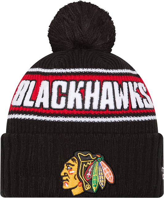 Chicago Blackhawks New Era Bold Knit Cuffed Knit Hat with Pom -Black - Pro Jersey Sports