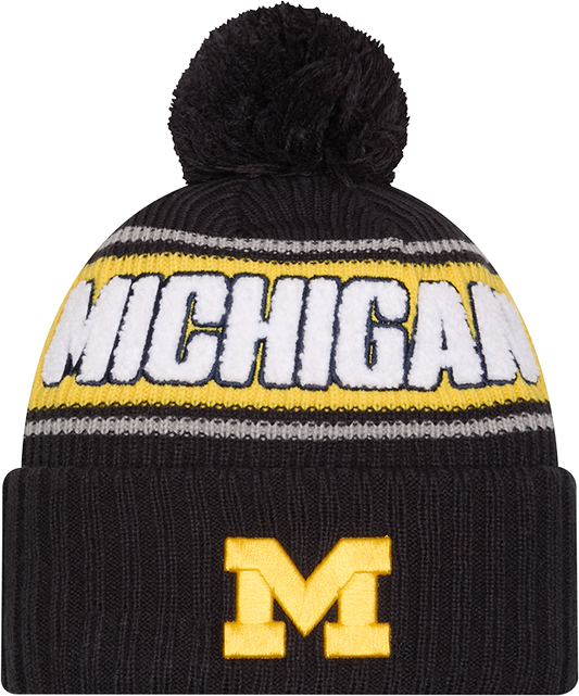 Michigan Wolverines New Era Bold Knit Cuffed Knit Hat with Pom - Navy - Pro Jersey Sports