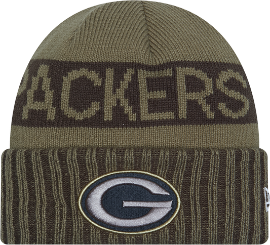 Green Bay Packers New Era Green 2025 NFL Sideline Salute To Service Cuffed Knit Hat - Pro Jersey Sports
