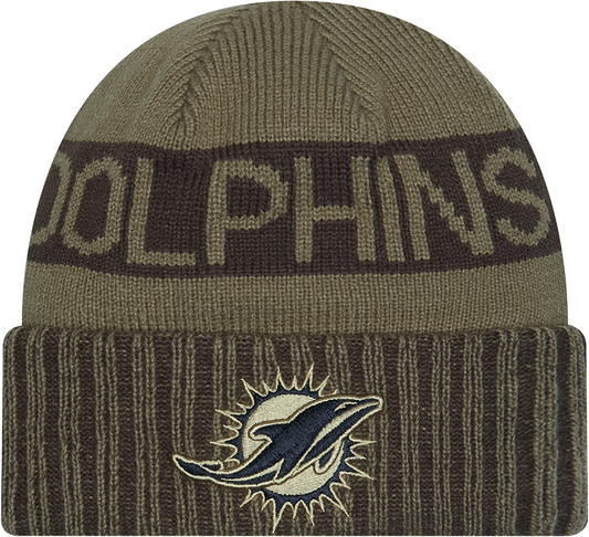 Miami Dolphins New Era Green 2025 NFL Sideline Salute To Service Cuffed Knit Hat - Pro Jersey Sports