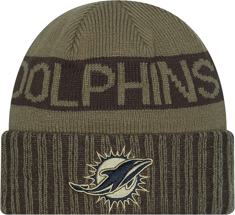 Miami Dolphins New Era Green 2025 NFL Sideline Salute To Service Cuffed Knit Hat - Pro Jersey Sports