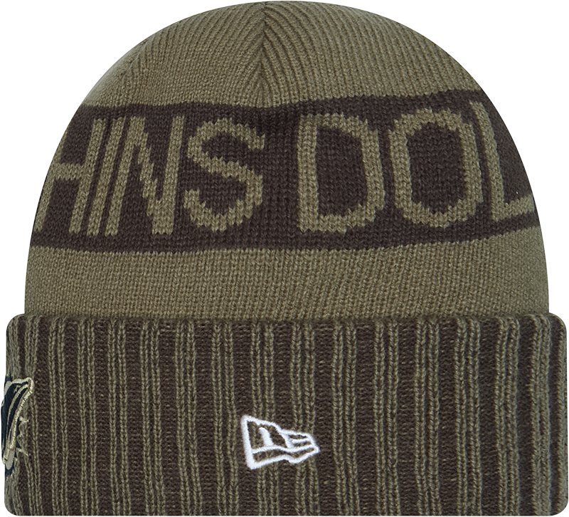 Miami Dolphins New Era Green 2025 NFL Sideline Salute To Service Cuffed Knit Hat - Pro Jersey Sports