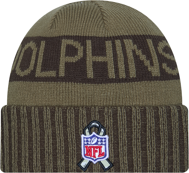 Miami Dolphins New Era Green 2025 NFL Sideline Salute To Service Cuffed Knit Hat - Pro Jersey Sports