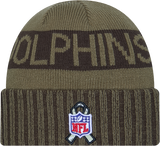 Miami Dolphins New Era Green 2025 NFL Sideline Salute To Service Cuffed Knit Hat - Pro Jersey Sports
