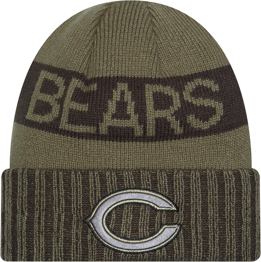 Chicago Bears New Era Green 2025 NFL Sideline Salute To Service C Cuffed Knit Hat - Pro Jersey Sports