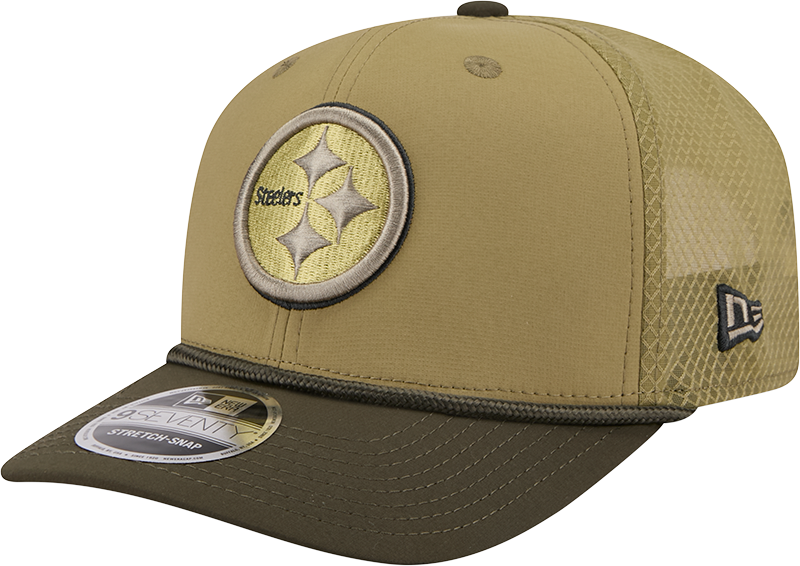 Men's Pittsburgh Steelers New Era Green 2025 Salute To Service Sideline 9SEVENTY Trucker Adjustable Hat - Pro Jersey Sports