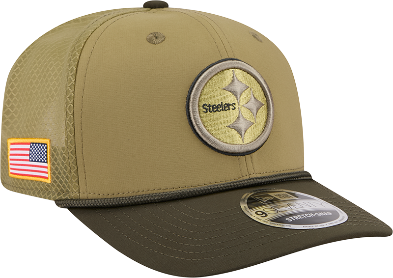 Men's Pittsburgh Steelers New Era Green 2025 Salute To Service Sideline 9SEVENTY Trucker Adjustable Hat - Pro Jersey Sports