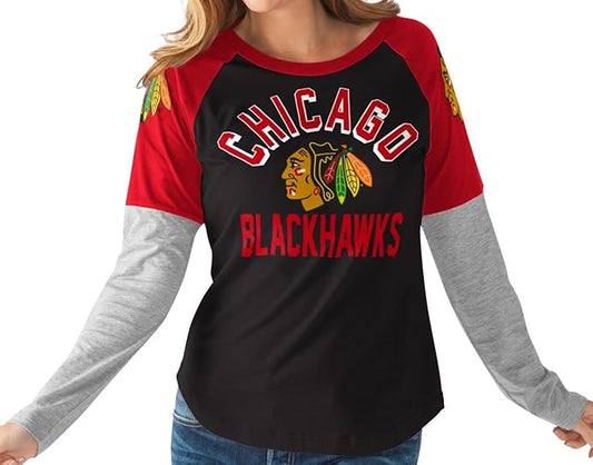 Women's Chicago Blackhawks Black/Red/Gray G-III "Power Play" Dual Blend Long Sleeve T-shirt