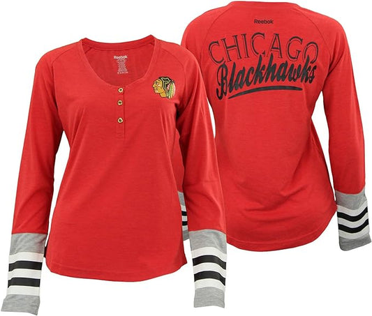 Women's Chicago Blackhawks Reebok Red Stripe Henley Long Sleeve T-Shirt