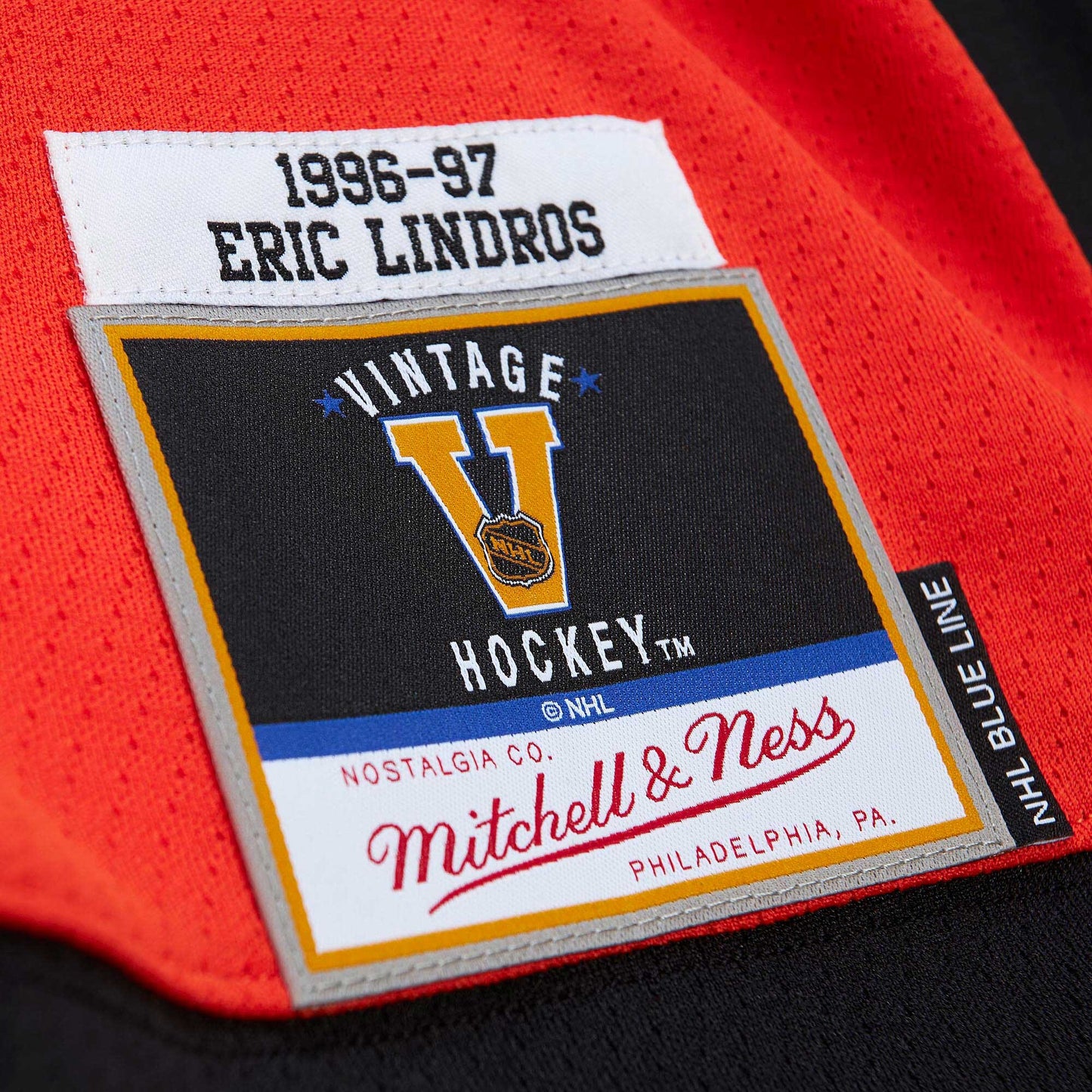 Men's Philadelphia Flyers Eric Lindros Mitchell & Ness Orange 1996/97 Captain Patch Blue Line Player Jersey