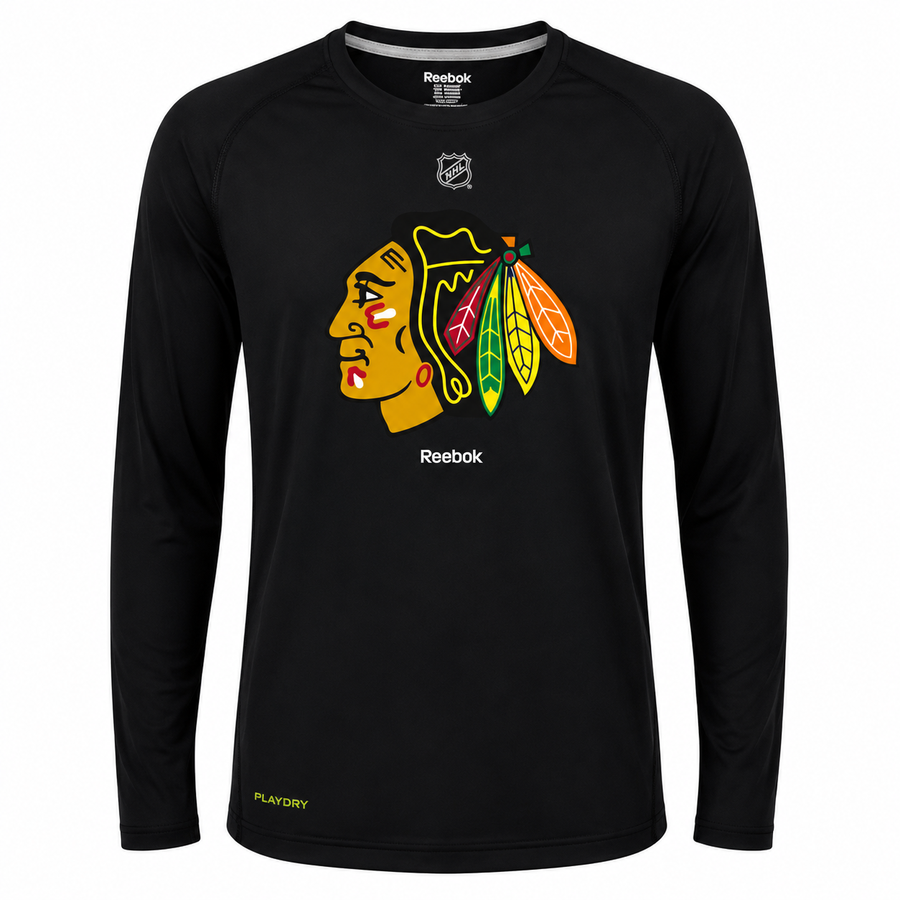 Chicago Blackhawks Youth Team Logo Dri-fit Long Sleeve Tee By Reebok-Black