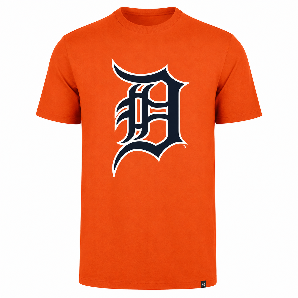 An orange short-sleeve crewneck t-shirt featuring a large navy blue and white Detroit Tigers 'D' logo on the chest, displayed on a clean white background.