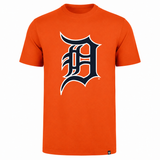 An orange short-sleeve crewneck t-shirt featuring a large navy blue and white Detroit Tigers 'D' logo on the chest, displayed on a clean white background.