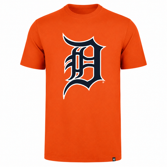 An orange short-sleeve crewneck t-shirt featuring a large navy blue and white Detroit Tigers 'D' logo on the chest, displayed on a clean white background.
