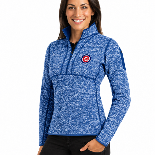 Women's Chicago Cubs Antigua Heathered Royal Fortune Half-Zip Pullover Sweater