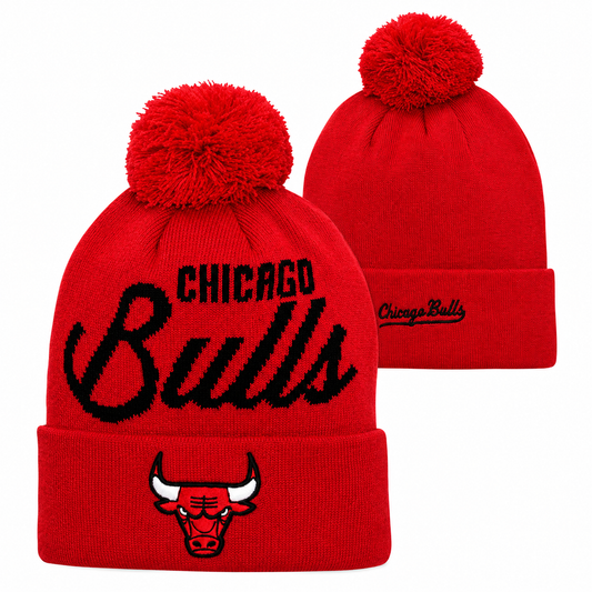 Youth Chicago Bulls NBA Red Retro Script Cuffed Pom Knit Hat