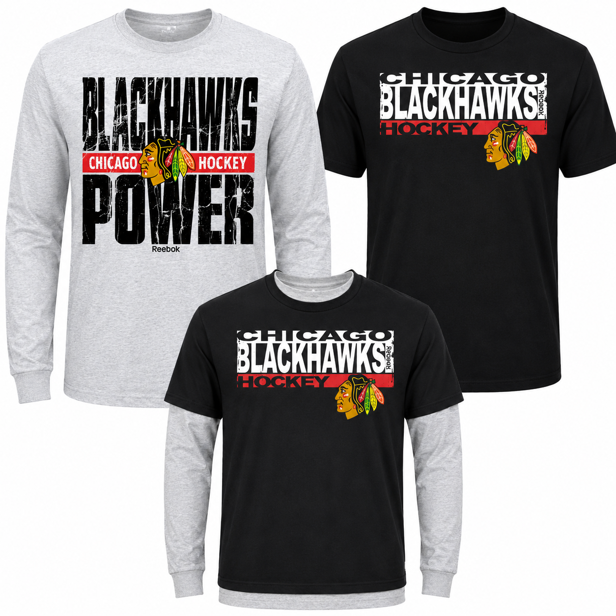 NHL Chicago Blackhawks Youth Reebok Black/Gray 2 In One Long Sleeve/Short Sleeve Combo T-Shirt
