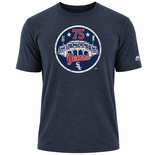 Men's Chicago White Sox Heather Navy Cooperstown Collection Comiskey Park 75th Anniversary Distressed Logo New Era Tee