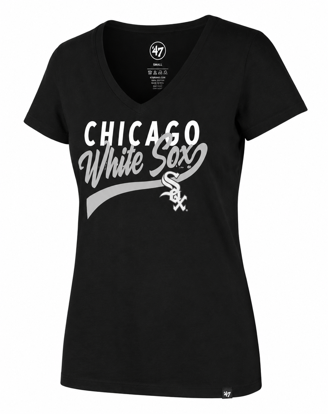 Women's Chicago White Sox '47 Brand Glitter Rush Jet Black Super Rival V-Neck Tee