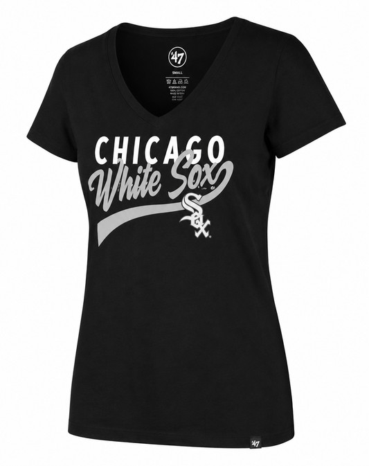 Women's Chicago White Sox '47 Brand Glitter Rush Jet Black Super Rival V-Neck Tee
