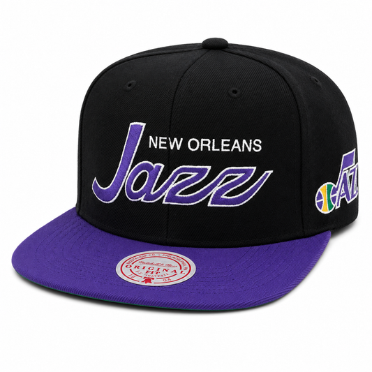 New Orleans Jazz Hardwood Classics Team Script 2.0 2 Tone Black/Purple Mitchell & Ness Snapback Hat
