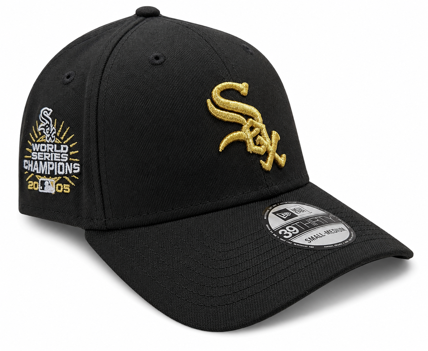 Chicago White Sox 2005 World Series Champions Gold 39THIRTY Black Flex Fit New Era Hat