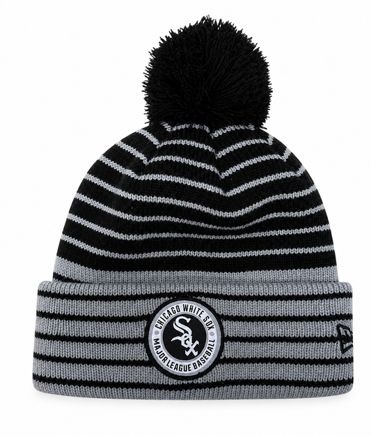 Chicago White Sox New Era Black Patch Cuffed Pom Knit Hat