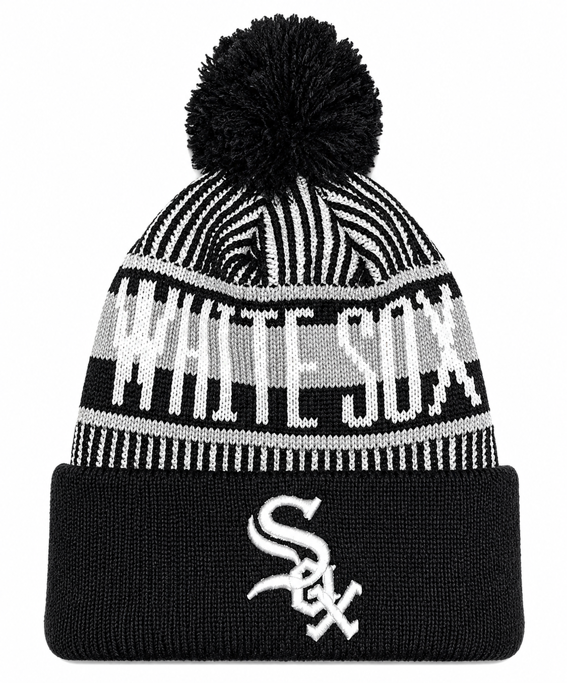 Youth Chicago White Sox New Era Junior Knitstripe Black Cuffed Pom Knit Hat