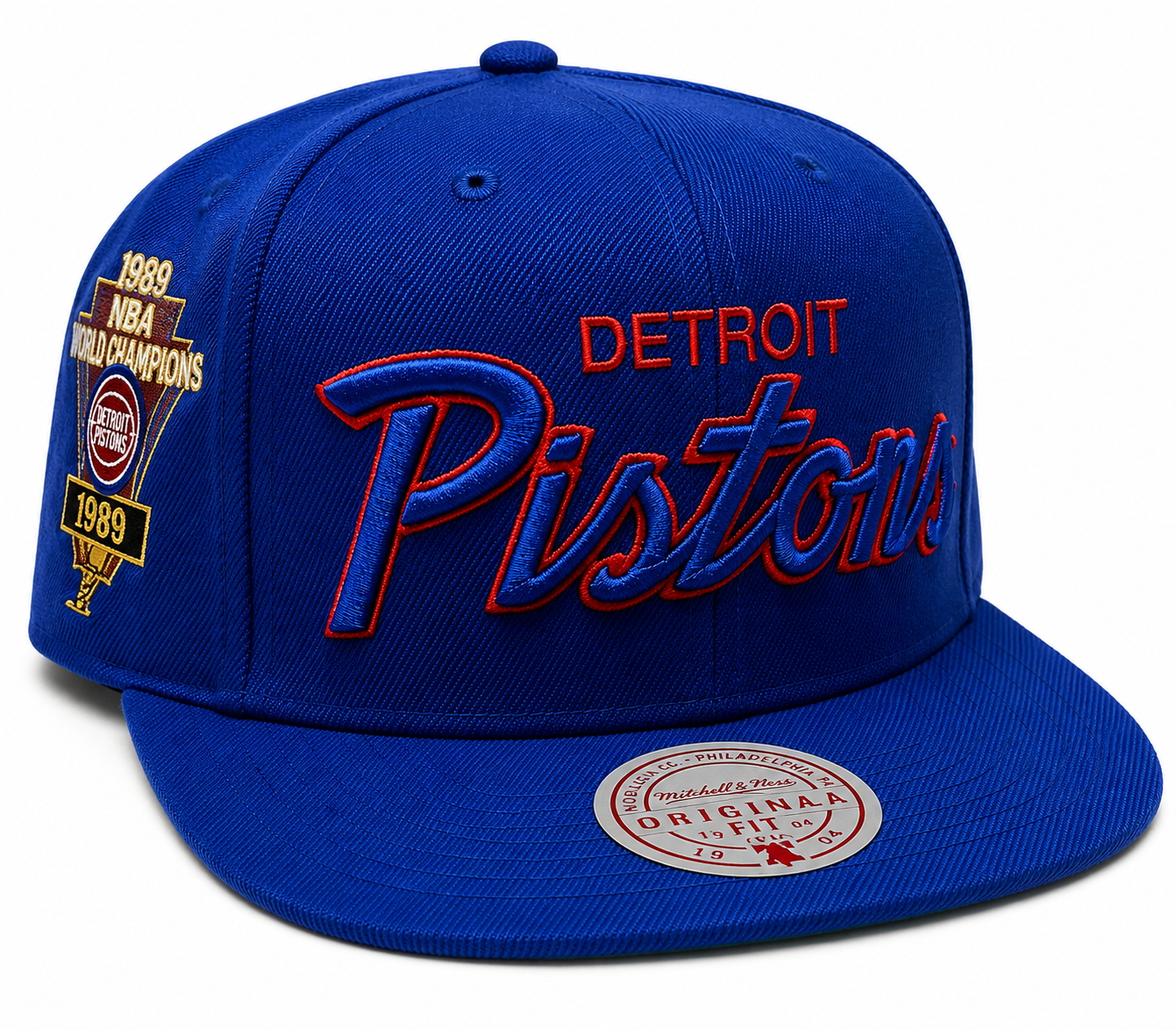 Men's Detroit Pistons Hardwood Classics Mitchell & Ness Script Champ Year Trophy Royal Snapback Hat