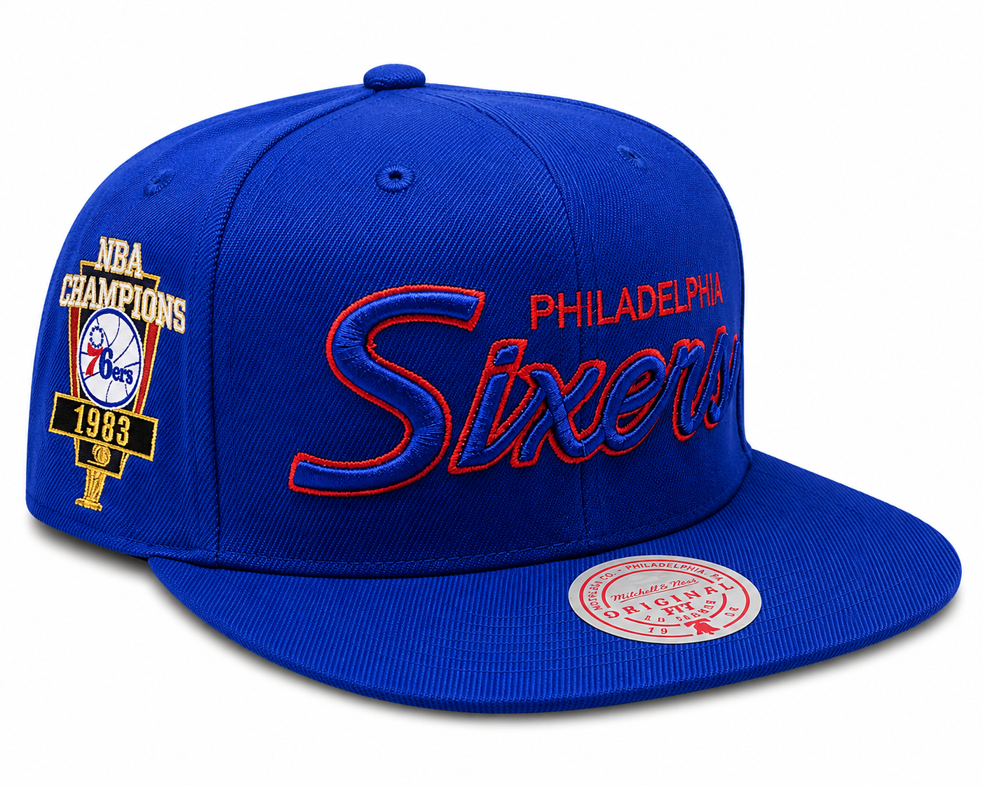 Men's Philadelphia 76ers Mitchell & Ness Royal Script Hardwood Classics Champ Year Trophy Snapback Hat