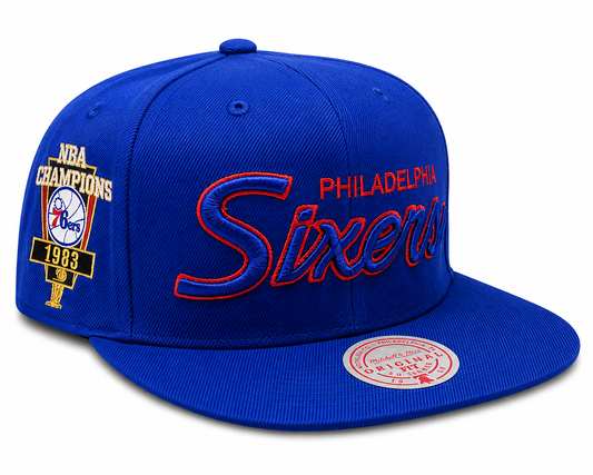 Men's Philadelphia 76ers Mitchell & Ness Royal Script Hardwood Classics Champ Year Trophy Snapback Hat