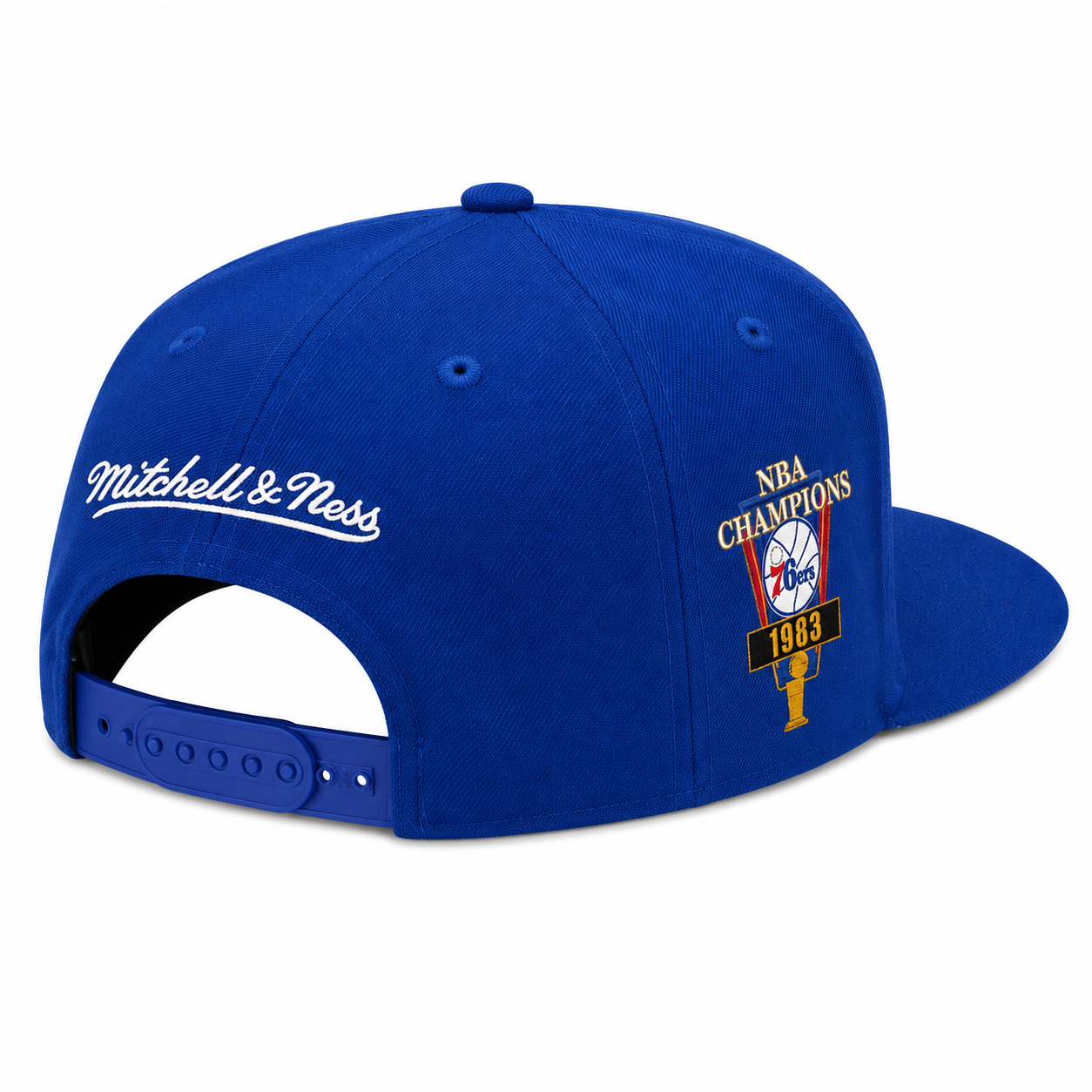 Men's Philadelphia 76ers Mitchell & Ness Royal Script Hardwood Classics Champ Year Trophy Snapback Hat