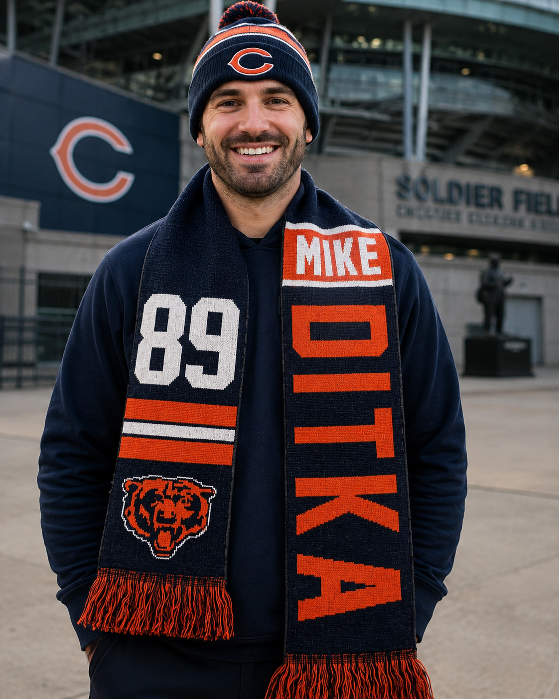 A smiling man wearing a Chicago Bears themed knit beanie and a matching navy, orange, and white scarf with 'MIKE DITKA' and the number 89, standing in front of Soldier Field stadium.