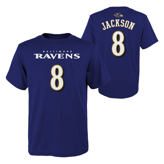 Youth Baltimore Ravens Lamar Jackson Purple Mainliner Player Name & Number T-Shirt