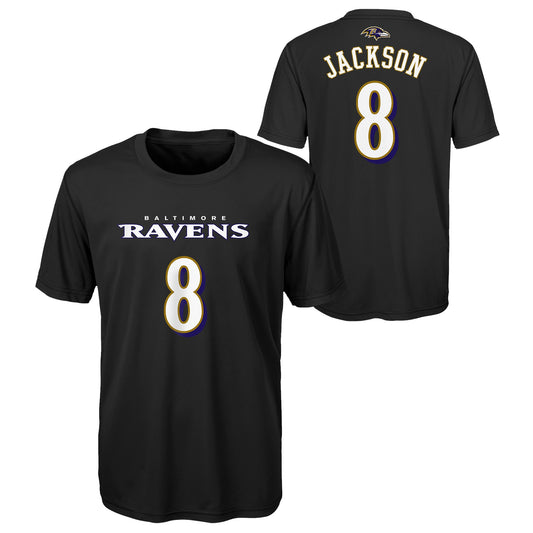 Youth Baltimore Ravens Lamar Jackson Black Mainliner Performance Jersey Tee