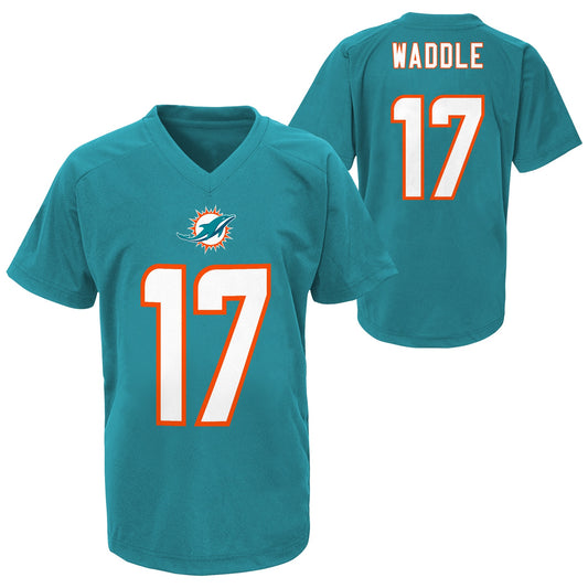 Youth Jaylen Waddle Miami Dolphins Aqua Performance Jersey Tee